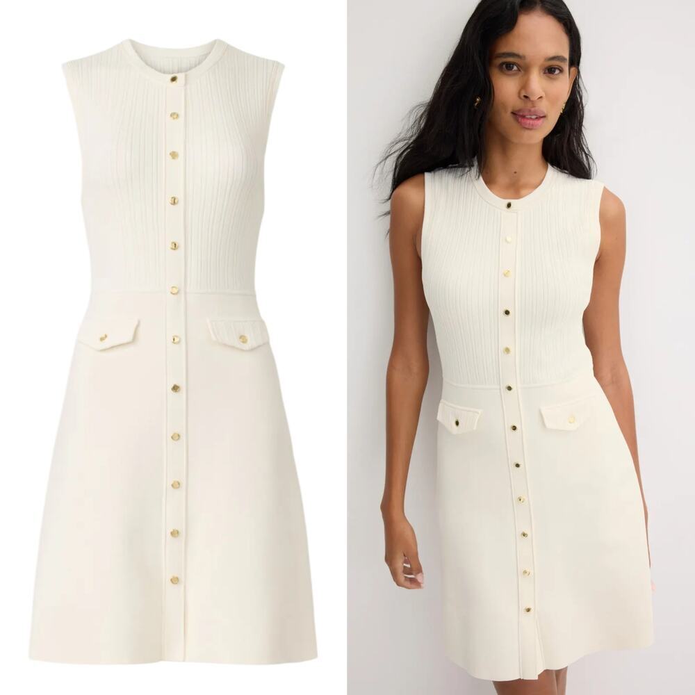Sandro Delna Dress Rib Knit Sleeveless Button Front Mini A-Line Ecru White 10